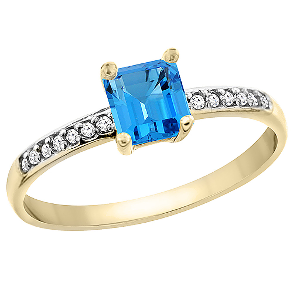 14K Yellow Gold Natural Swiss Blue Topaz Ring Octagon 7x5 mm Diamond Accents