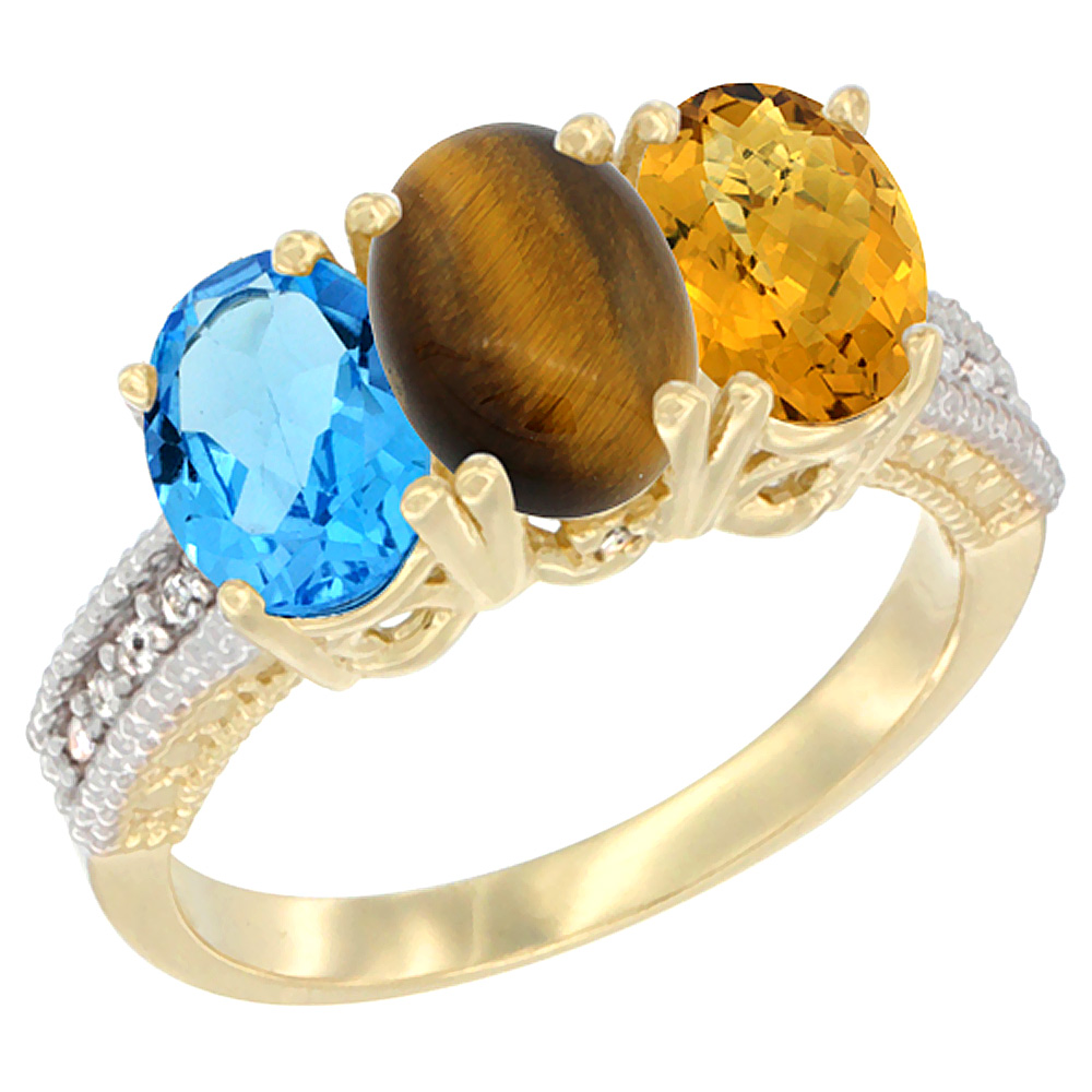 14K Yellow Gold Natural Swiss Blue Topaz, Tiger Eye &amp; Whisky Quartz Ring 3-Stone 7x5 mm Oval Diamond Accent, sizes 5 - 10