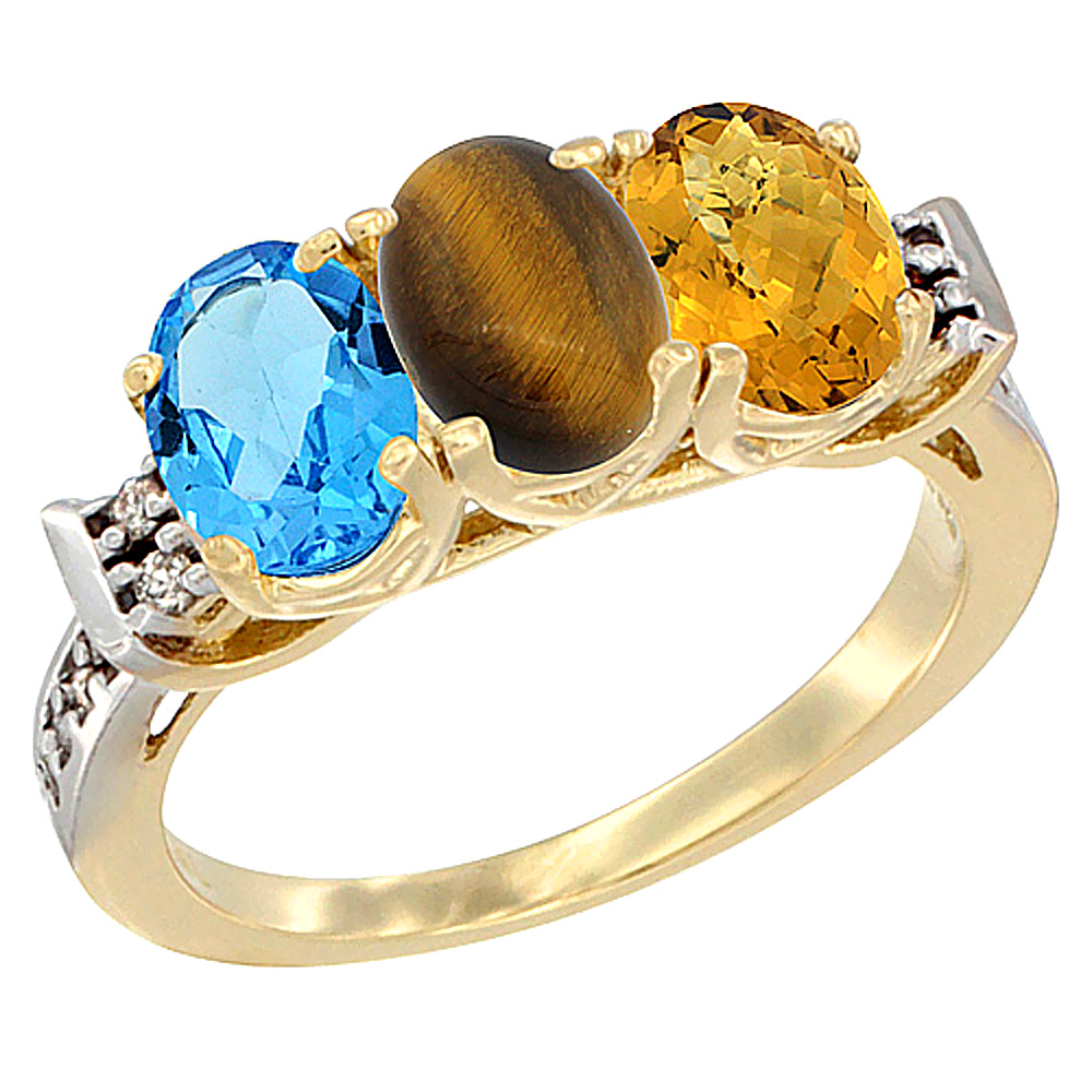 10K Yellow Gold Natural Swiss Blue Topaz, Tiger Eye &amp; Whisky Quartz Ring 3-Stone Oval 7x5 mm Diamond Accent, sizes 5 - 10