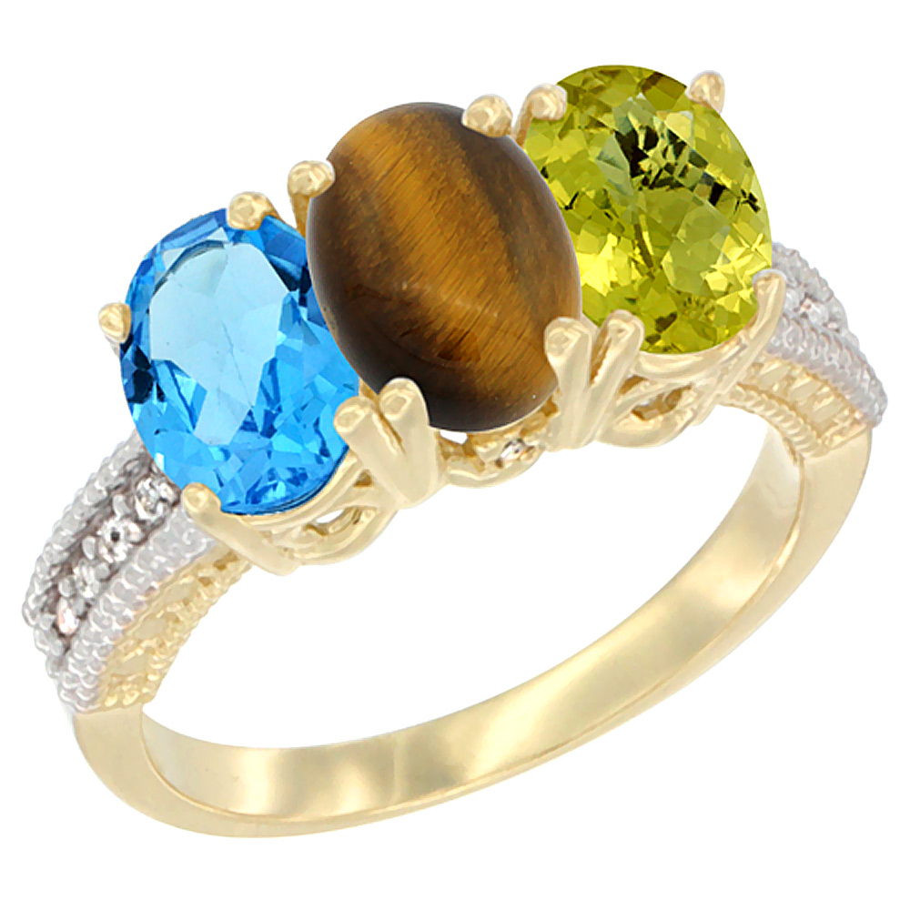 14K Yellow Gold Natural Swiss Blue Topaz, Tiger Eye &amp; Lemon Quartz Ring 3-Stone 7x5 mm Oval Diamond Accent, sizes 5 - 10