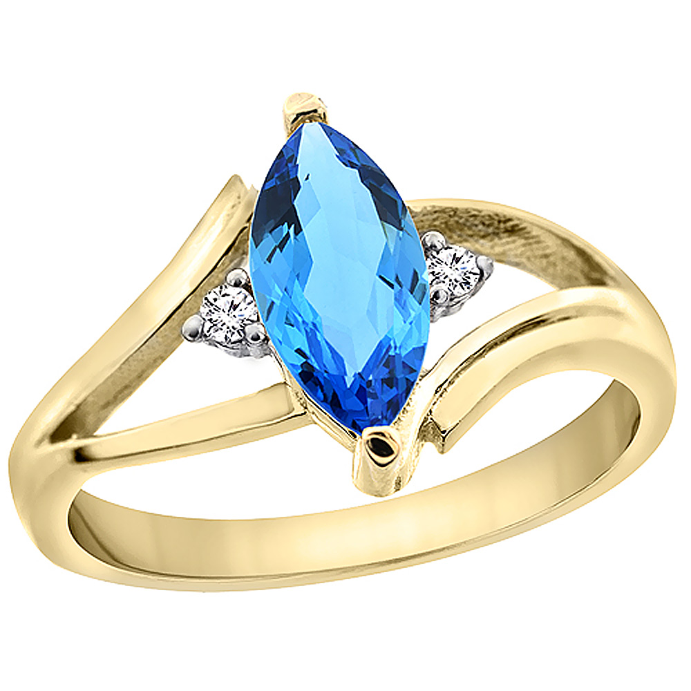 14K Yellow Gold Natural Swiss Blue Topaz Ring Marquise 10x5mm Diamond Accent, sizes 5 - 10 with half sizes
