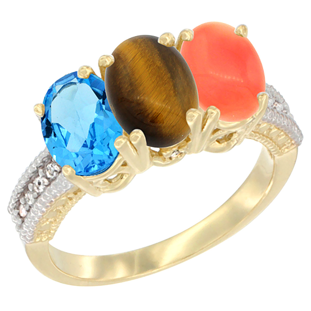 14K Yellow Gold Natural Swiss Blue Topaz, Tiger Eye &amp; Coral Ring 3-Stone 7x5 mm Oval Diamond Accent, sizes 5 - 10