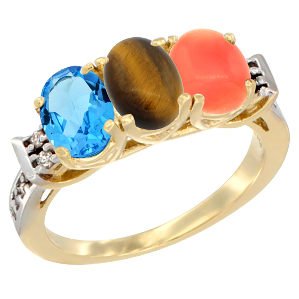 10K Yellow Gold Natural Swiss Blue Topaz, Tiger Eye &amp; Coral Ring 3-Stone Oval 7x5 mm Diamond Accent, sizes 5 - 10