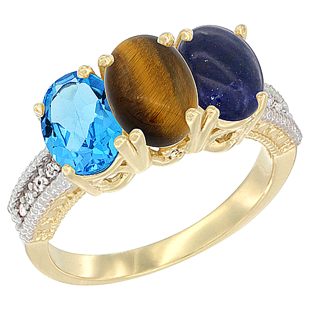 14K Yellow Gold Natural Swiss Blue Topaz, Tiger Eye & Lapis Ring 3-Stone 7x5 mm Oval Diamond Accent, sizes 5 - 10