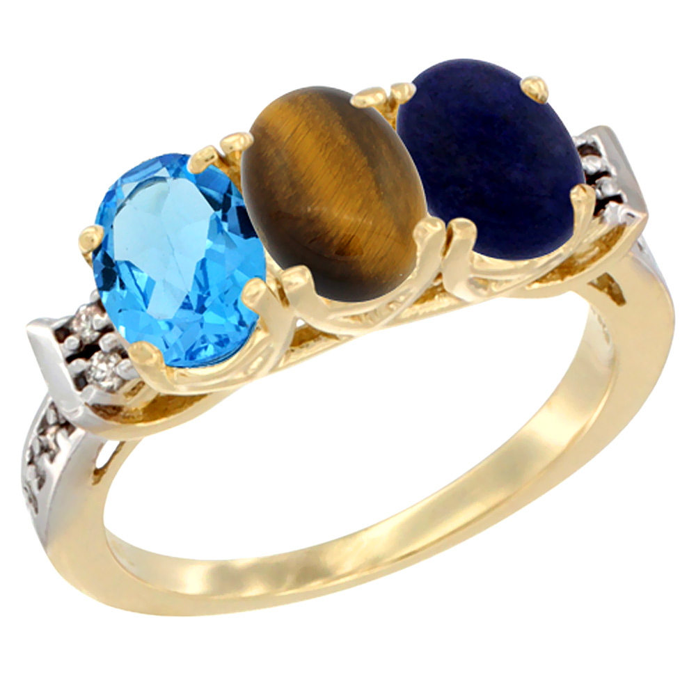 10K Yellow Gold Natural Swiss Blue Topaz, Tiger Eye &amp; Lapis Ring 3-Stone Oval 7x5 mm Diamond Accent, sizes 5 - 10