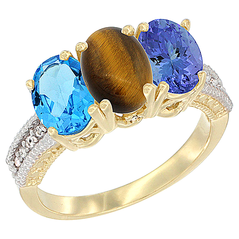 10K Yellow Gold Diamond Natural Swiss Blue Topaz, Tiger Eye & Tanzanite Ring 3-Stone Oval 7x5 mm, sizes 5 - 10