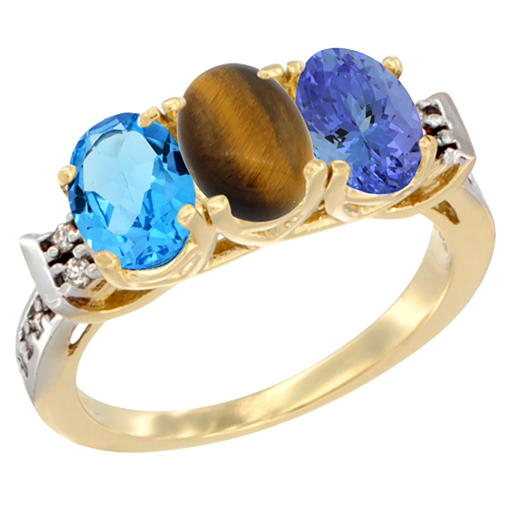 10K Yellow Gold Natural Swiss Blue Topaz, Tiger Eye &amp; Tanzanite Ring 3-Stone Oval 7x5 mm Diamond Accent, sizes 5 - 10
