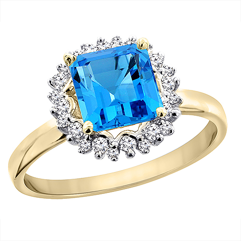 10K Yellow Gold Genuine Blue Topaz Ring Halo Square 6x6 mm Diamond Accent sizes 5 - 10