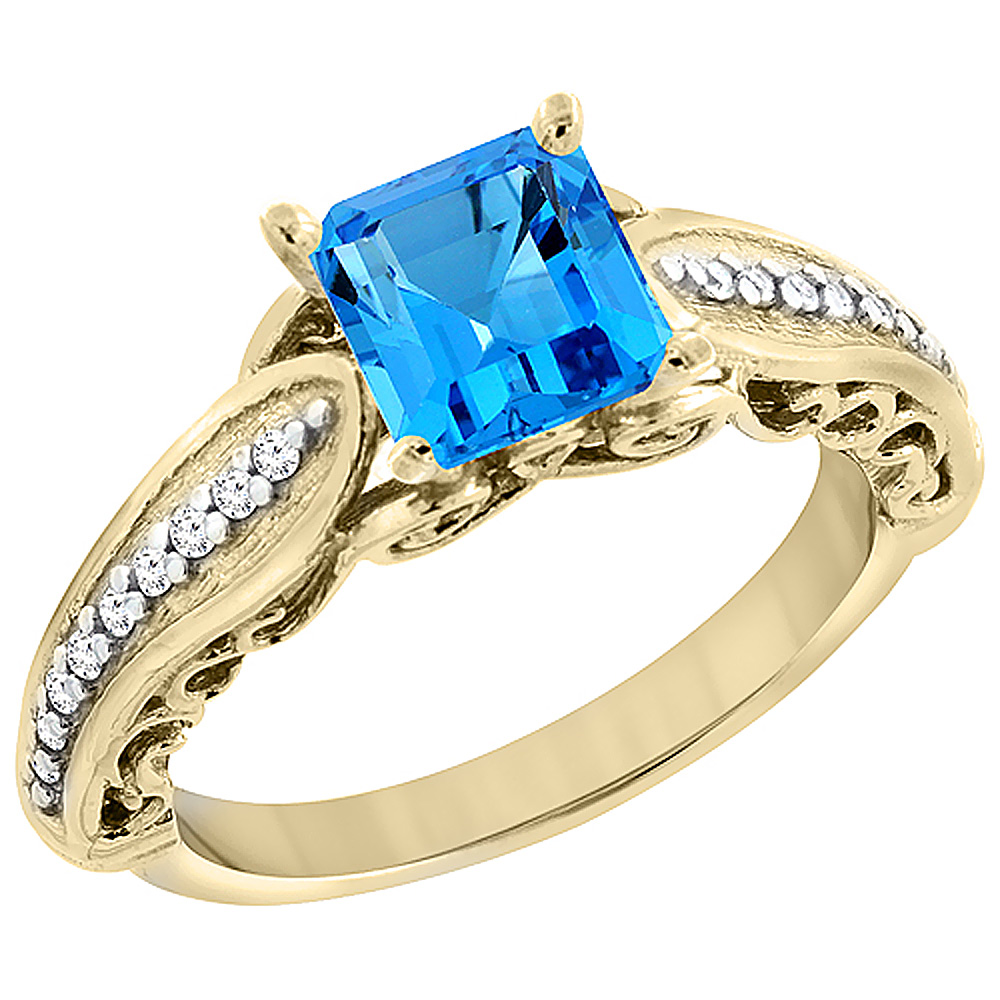 14K Yellow Gold Natural Swiss Blue Topaz Ring Square 8x8mm with Diamond Accents, sizes 5 - 10