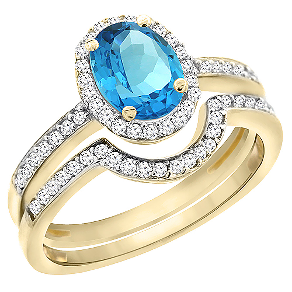 10K Yellow Gold Diamond Natural Swiss Blue Topaz 2-Pc. Engagement Ring Set Oval 8x6 mm, sizes 5 - 10