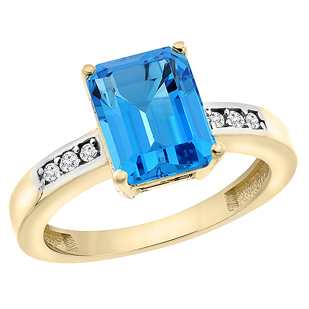 14K Yellow Gold Natural Swiss Blue Topaz Octagon 9x7 mm with Diamond Accents, sizes 5 - 10
