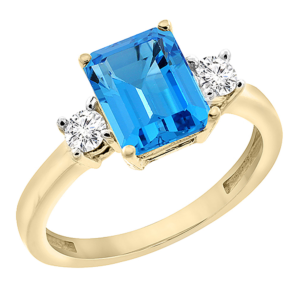 14K Yellow Gold Natural Swiss Blue Topaz Ring Octagon 8x6 mm with Diamond Accents, sizes 5 - 10