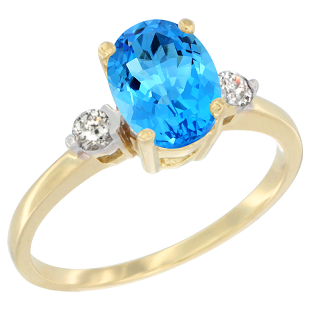 14K Yellow Gold Natural Swiss Blue Topaz Ring Oval 9x7 mm Diamond Accent, sizes 5 to 10