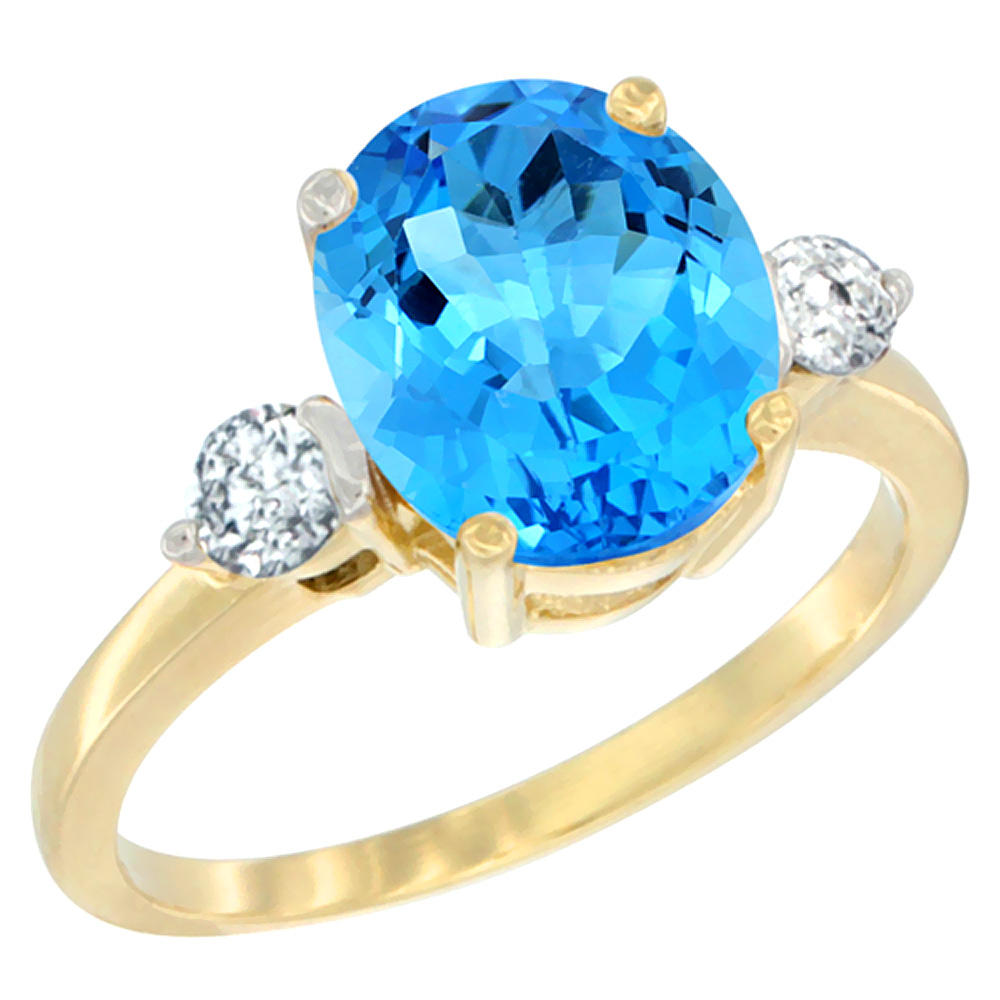 14K Yellow Gold 10x8mm Oval Natural Swiss Blue Topaz Ring for Women Diamond Side-stones sizes 5 - 10