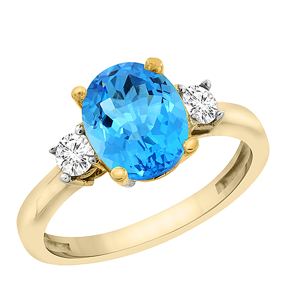 10K Yellow Gold Genuine Blue Topaz Engagement Ring Oval 10x8 mm Diamond Sides sizes 5 - 10