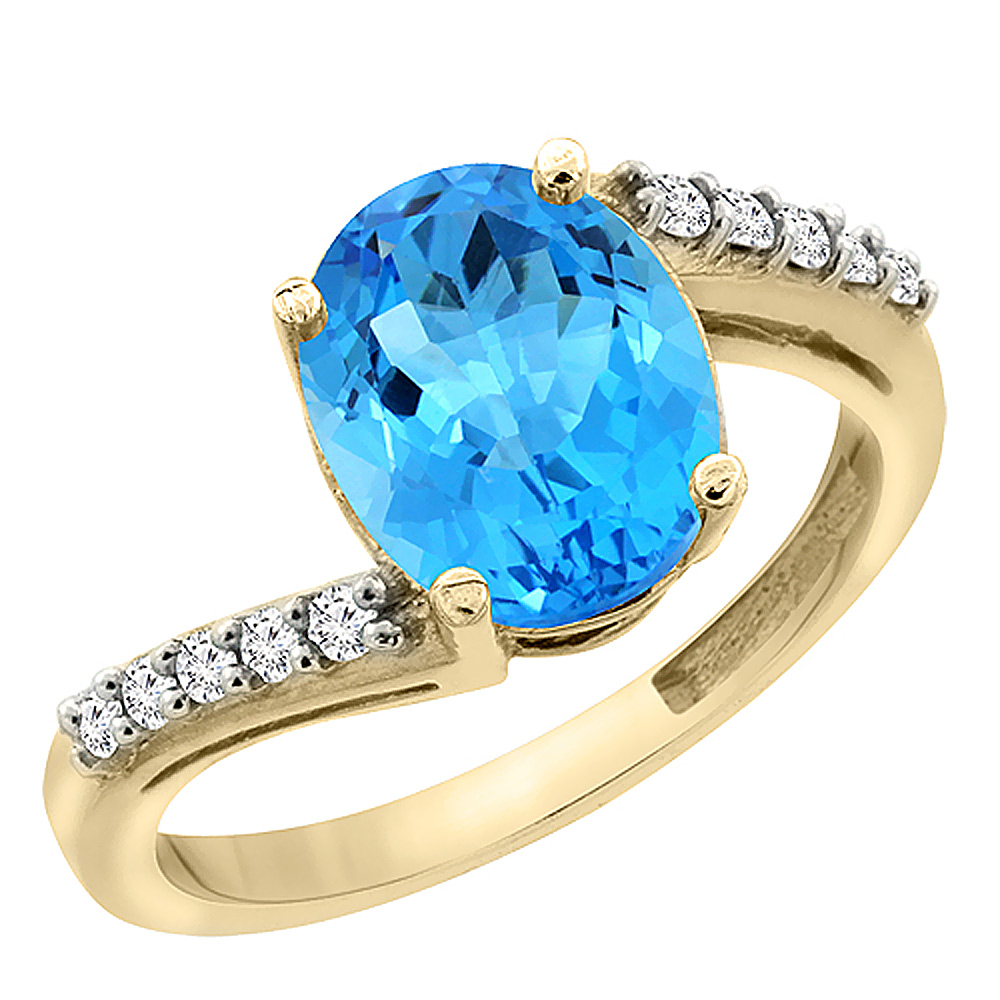 10K Yellow Gold Diamond Genuine Blue Topaz Engagement Ring Oval 10x8mm sizes 5-10