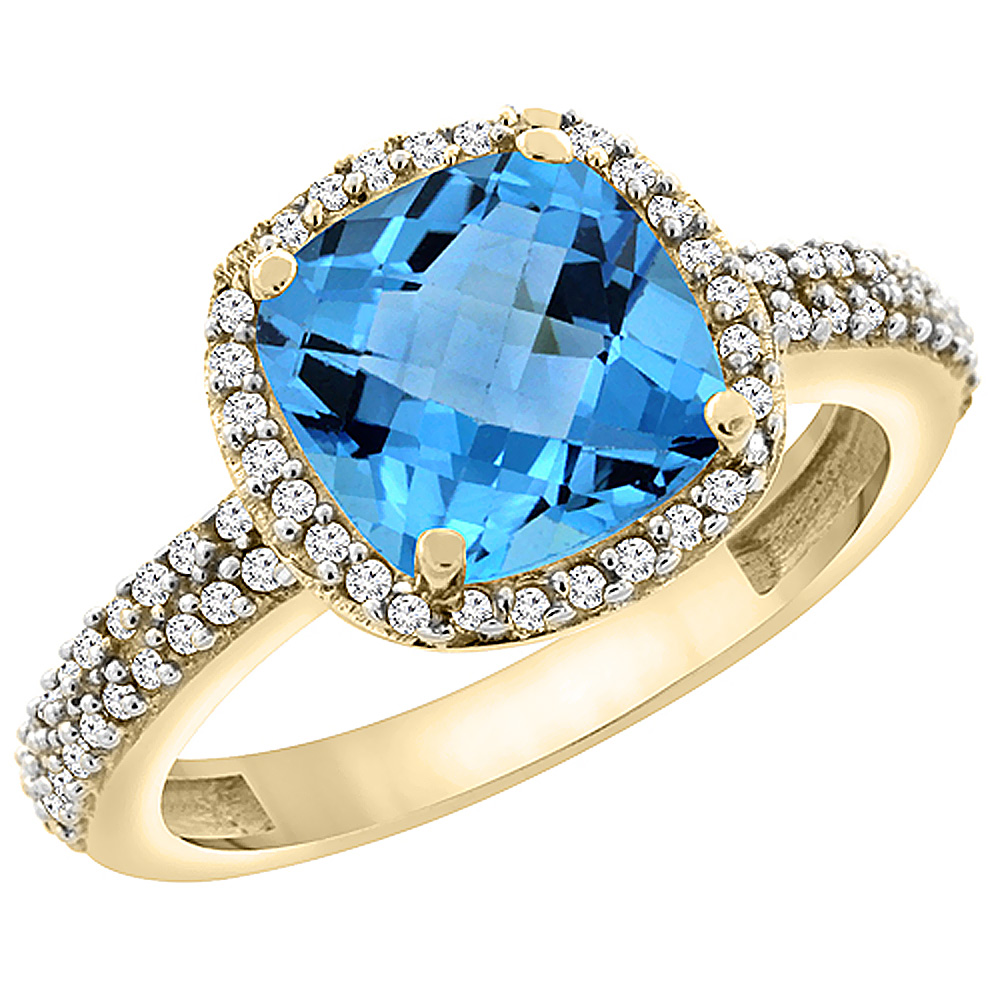 14K Yellow Gold Natural Swiss Blue Topaz Cushion 8x8 mm with Diamond Accents, sizes 5 - 10