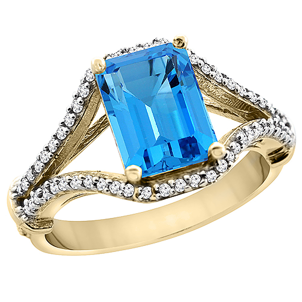 10K Yellow Gold Genuine Blue Topaz Ring Octagon 8x6 mm Diamond Accent sizes 5 - 10