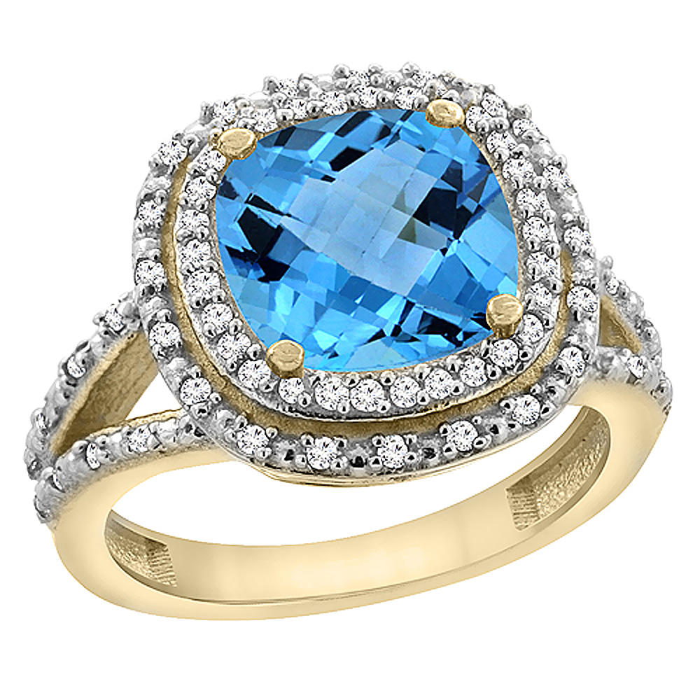10K Yellow Gold Genuine Blue Topaz Ring Double Halo Cushion Cut 8x8 mm Diamond Accent sizes 5 - 10