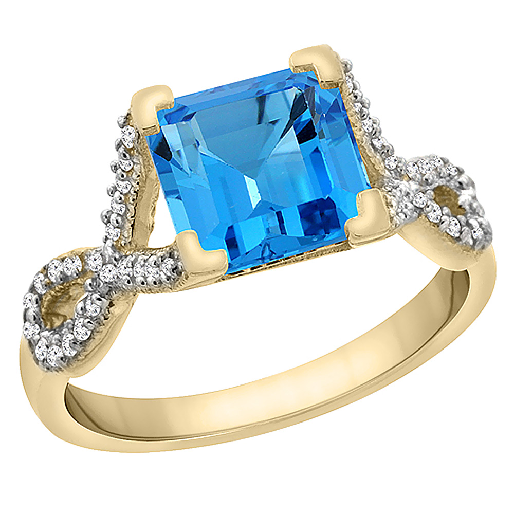 14K Yellow Gold Natural Swiss Blue Topaz Ring Square 7x7 mm Diamond Accents, sizes 5 to 10