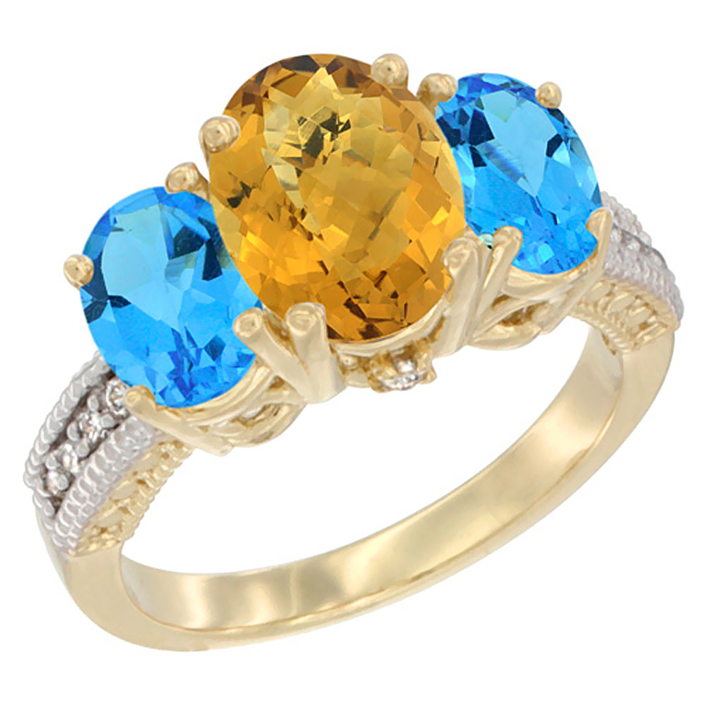 10K Yellow Gold Diamond Natural Whisky Quartz Ring 3-Stone Oval 8x6mm with Swiss Blue Topaz, sizes5-10