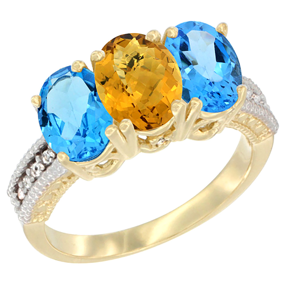 14K Yellow Gold Natural Whisky Quartz &amp; Swiss Blue Topaz Sides Ring 3-Stone 7x5 mm Oval Diamond Accent, sizes 5 - 10