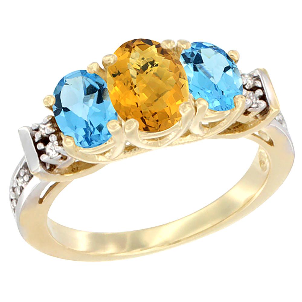 10K Yellow Gold Natural Whisky Quartz & Swiss Blue Topaz Ring 3-Stone Oval Diamond Accent