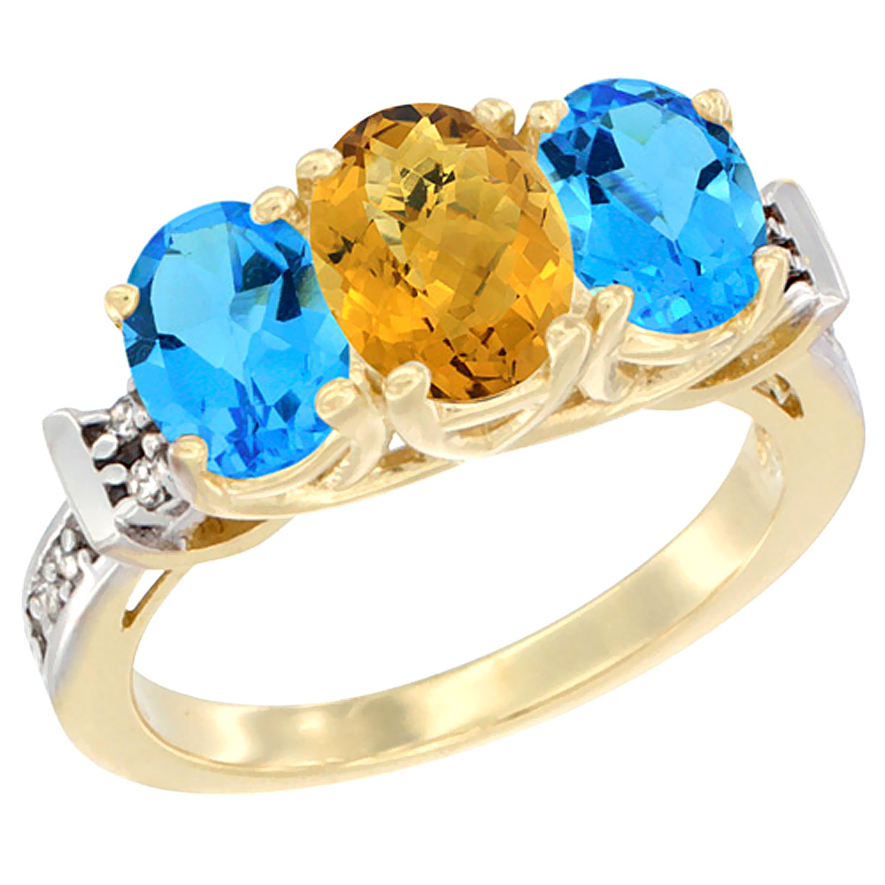 14K Yellow Gold Natural Whisky Quartz & Swiss Blue Topaz Sides Ring 3-Stone Oval Diamond Accent, sizes 5 - 10
