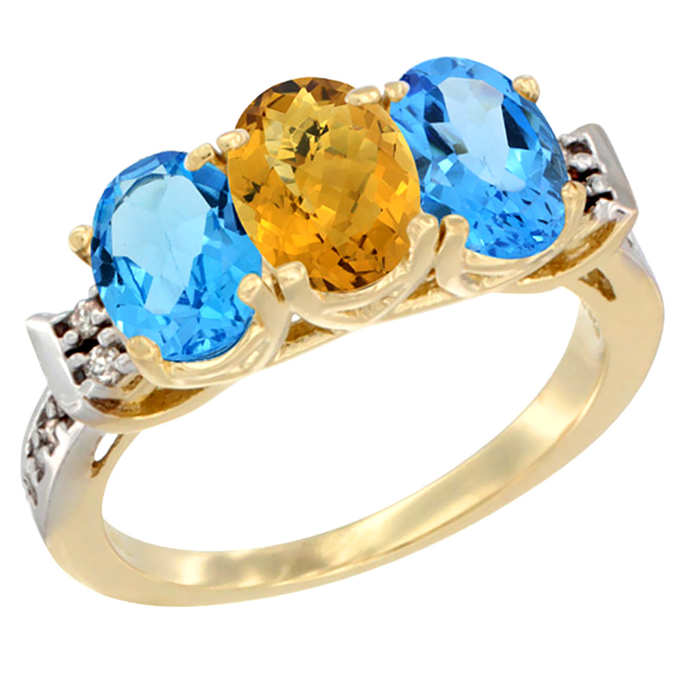 10K Yellow Gold Natural Whisky Quartz &amp; Swiss Blue Topaz Sides Ring 3-Stone Oval 7x5 mm Diamond Accent, sizes 5 - 10