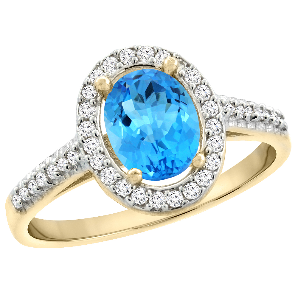 14K Yellow Gold Natural Swiss Blue Topaz Engagement Ring Oval 7x5 mm Diamond Halo, sizes 5 - 10