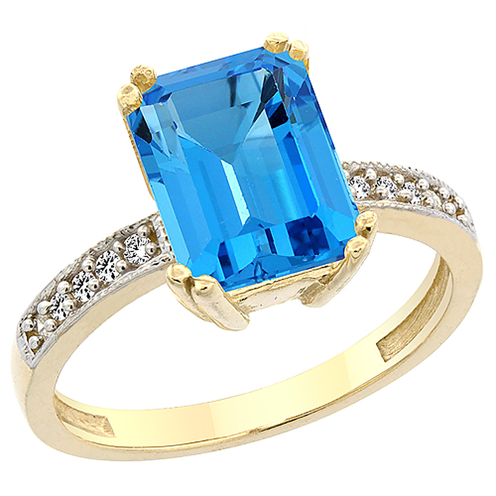 14K Yellow Gold Natural Swiss Blue Topaz Ring Octagon 10x8mm Diamond Accent, sizes 5 to 10
