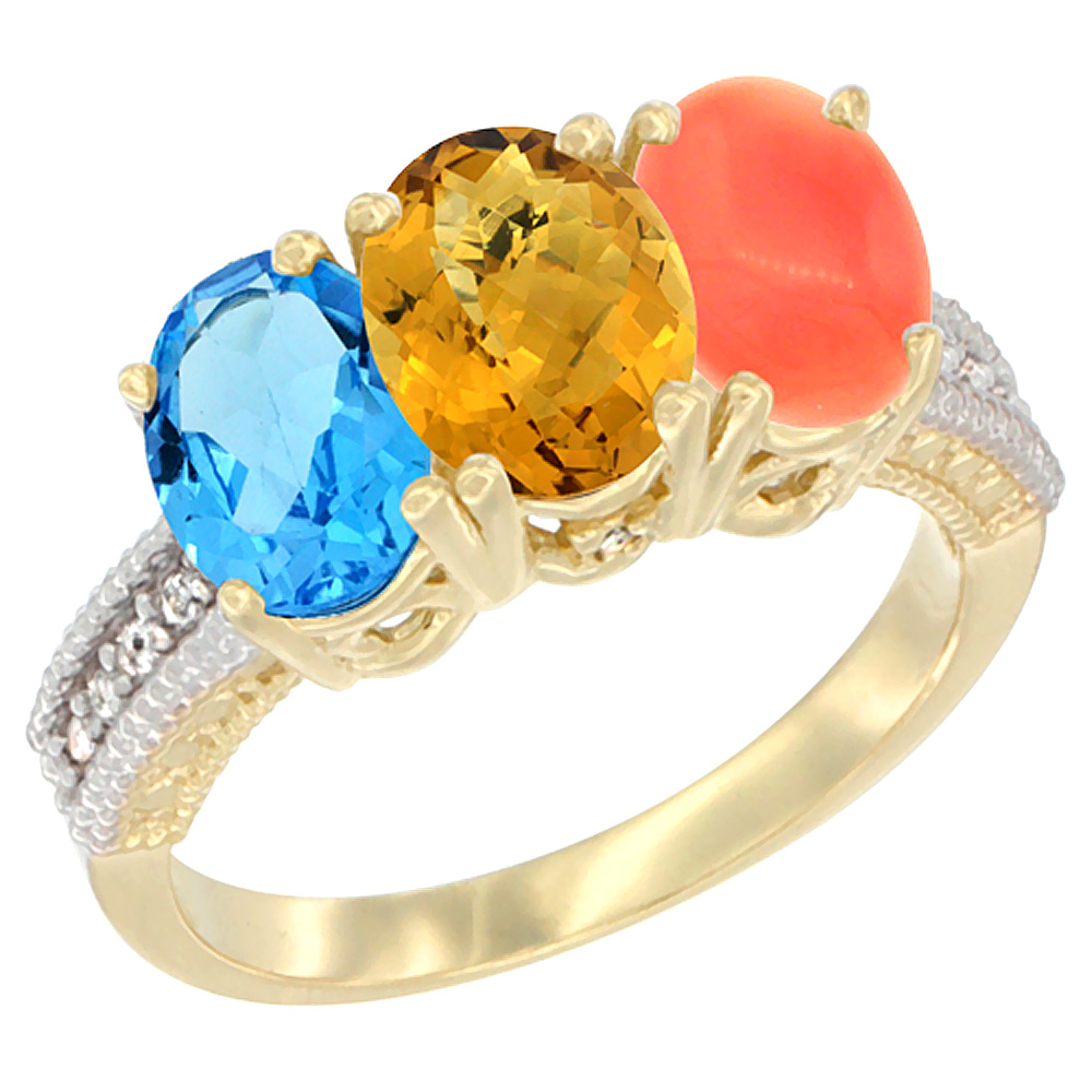 14K Yellow Gold Natural Swiss Blue Topaz, Whisky Quartz &amp; Coral Ring 3-Stone 7x5 mm Oval Diamond Accent, sizes 5 - 10