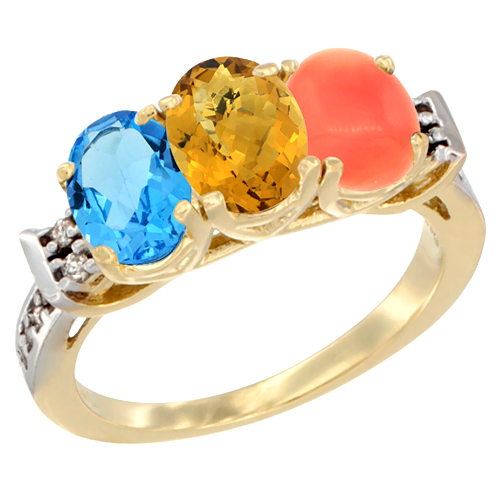 10K Yellow Gold Natural Swiss Blue Topaz, Whisky Quartz & Coral Ring 3-Stone Oval 7x5 mm Diamond Accent, sizes 5 - 10