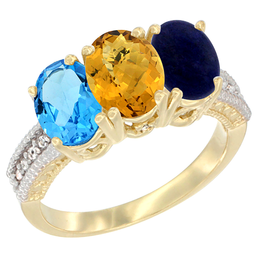 10K Yellow Gold Diamond Natural Swiss Blue Topaz, Whisky Quartz & Lapis Ring 3-Stone Oval 7x5 mm, sizes 5 - 10