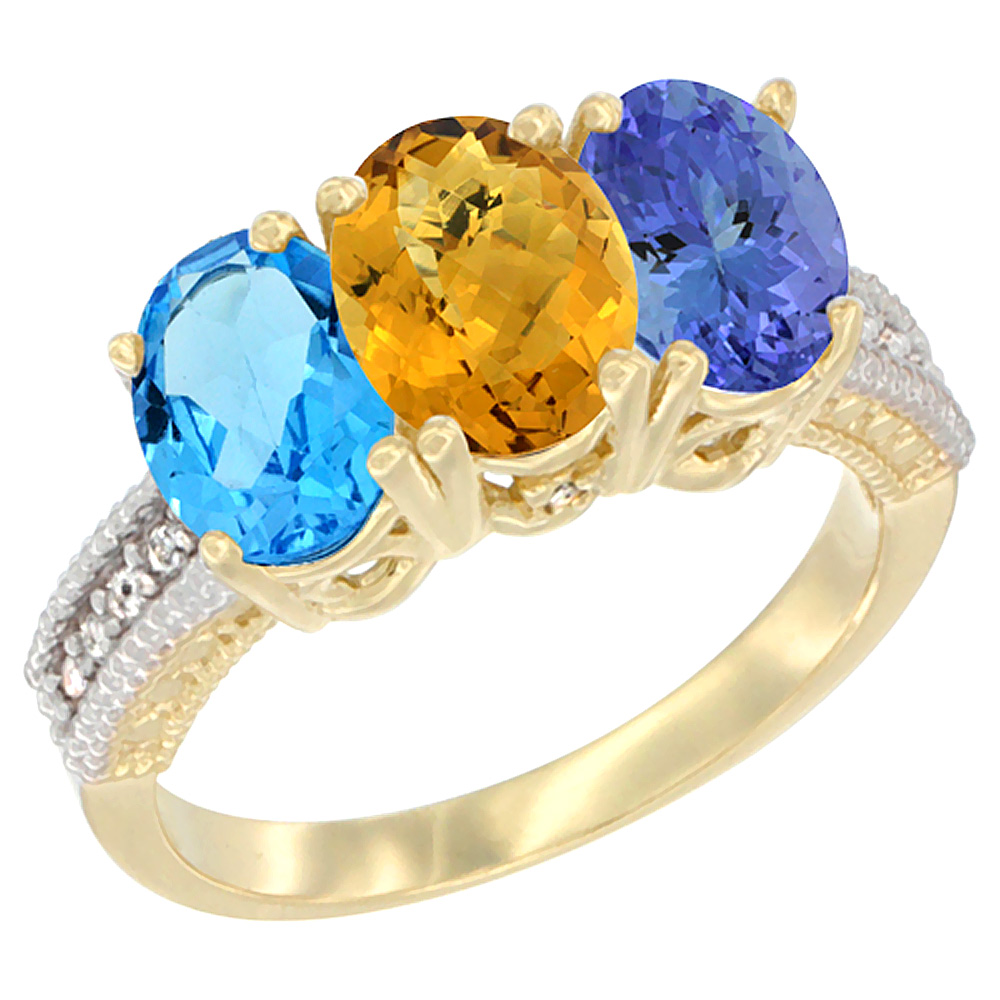 10K Yellow Gold Diamond Natural Swiss Blue Topaz, Whisky Quartz &amp; Tanzanite Ring 3-Stone Oval 7x5 mm, sizes 5 - 10