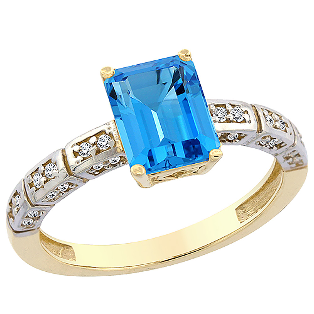 14K Yellow Gold Natural Swiss Blue Topaz Octagon 8x6 mm with Diamond Accents, sizes 5 - 10