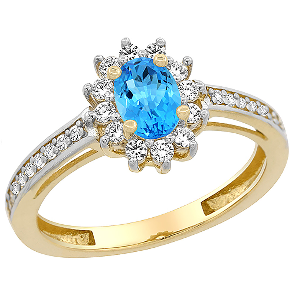 14K Yellow Gold Natural Swiss Blue Topaz Flower Halo Ring Oval 6x4mm Diamond Accents, sizes 5 - 10