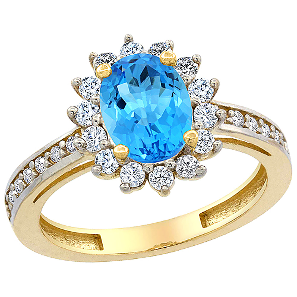 14K Yellow Gold Natural Swiss Blue Topaz Floral Halo Ring Oval 8x6mm Diamond Accents, sizes 5 - 10