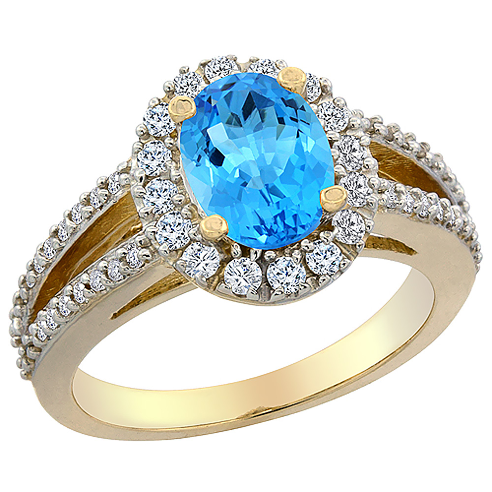 14K Yellow Gold Natural Swiss Blue Topaz Halo Ring Oval 8x6 mm with Diamond Accents, sizes 5 - 10