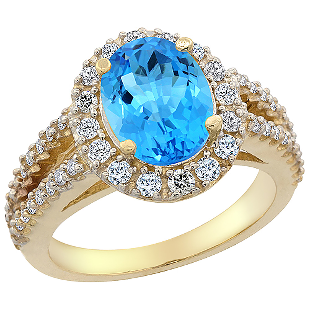 10K Yellow Gold Diamond Genuine Blue Topaz Engagement Ring Halo Oval 10x8mm sizes 5-10