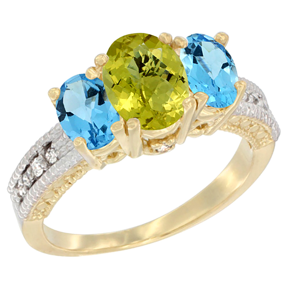 14K Yellow Gold Diamond Natural Lemon Quartz Ring Oval 3-stone with Swiss Blue Topaz, sizes 5 - 10
