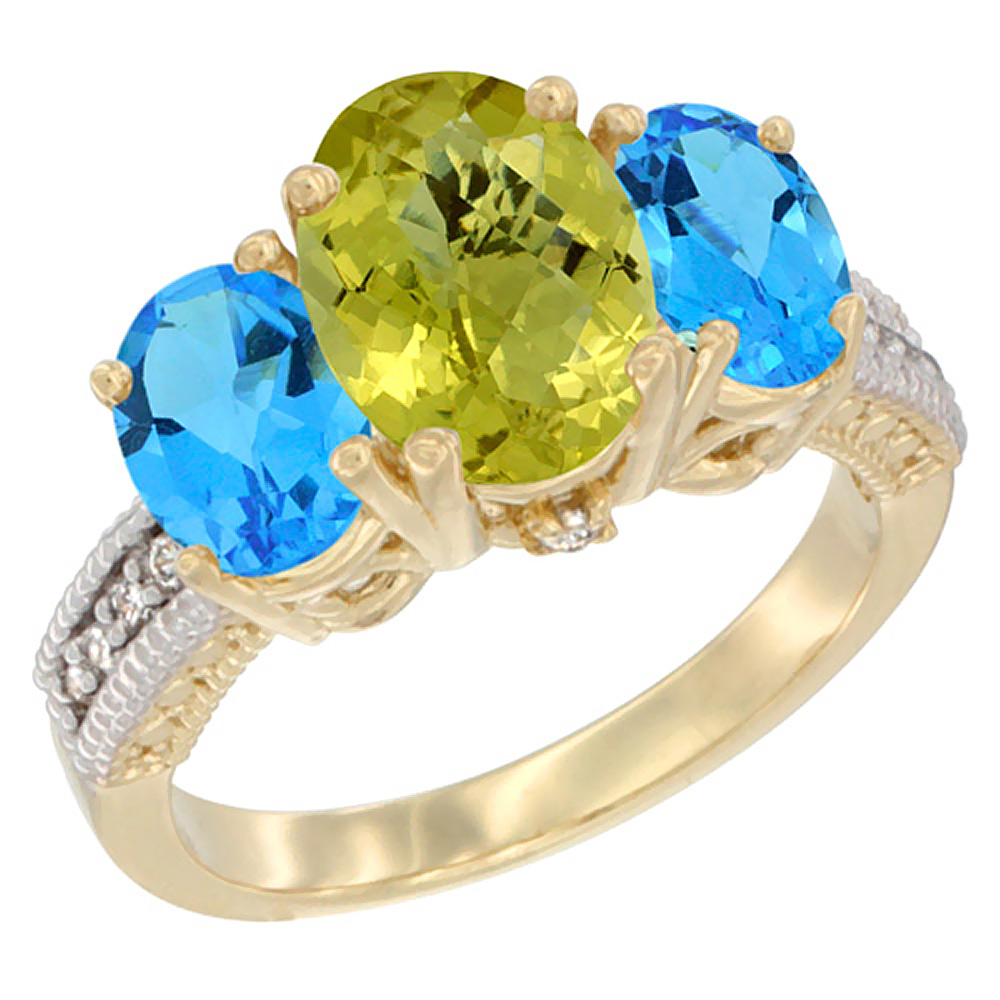 10K Yellow Gold Diamond Natural Lemon Quartz Ring 3-Stone Oval 8x6mm with Swiss Blue Topaz, sizes5-10