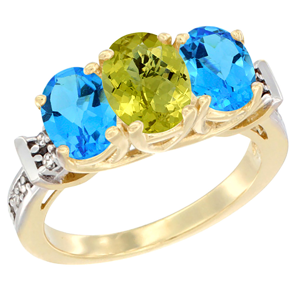 10K Yellow Gold Natural Lemon Quartz & Swiss Blue Topaz Sides Ring 3-Stone Oval Diamond Accent, sizes 5 - 10