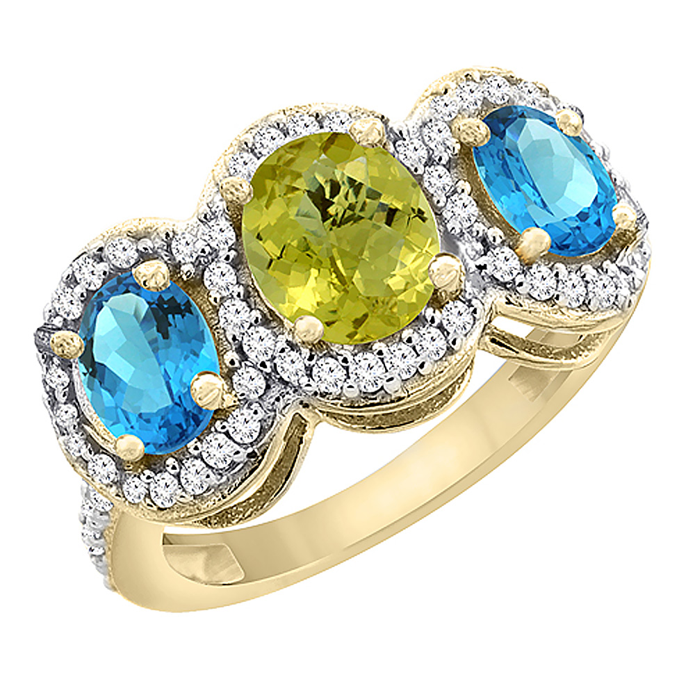 14K Yellow Gold Natural Lemon Quartz & Swiss Blue Topaz 3-Stone Ring Oval Diamond Accent, sizes 5 - 10
