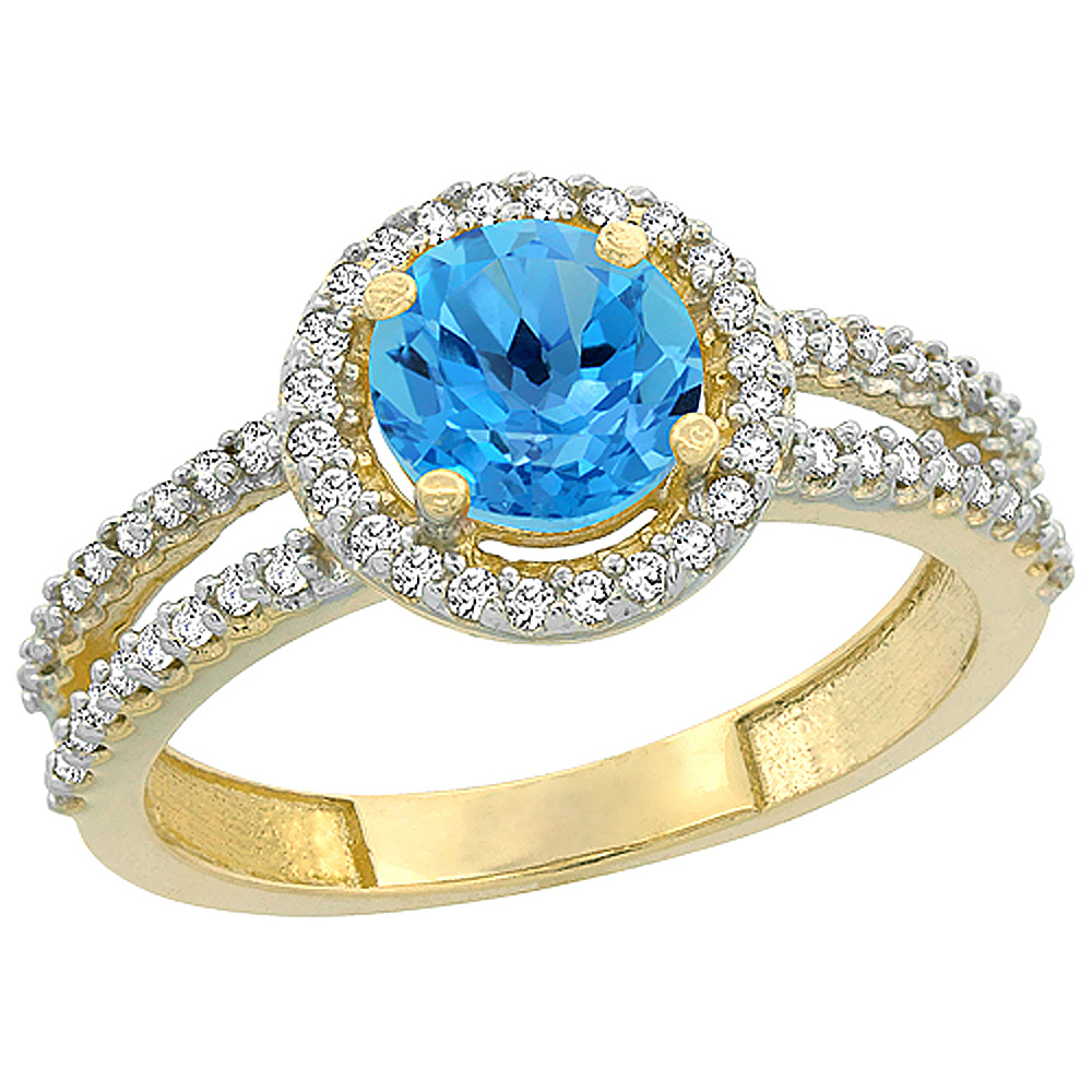 10K Yellow Gold Genuine Blue Topaz Diamond Halo Ring Round 6mm sizes 5 - 10