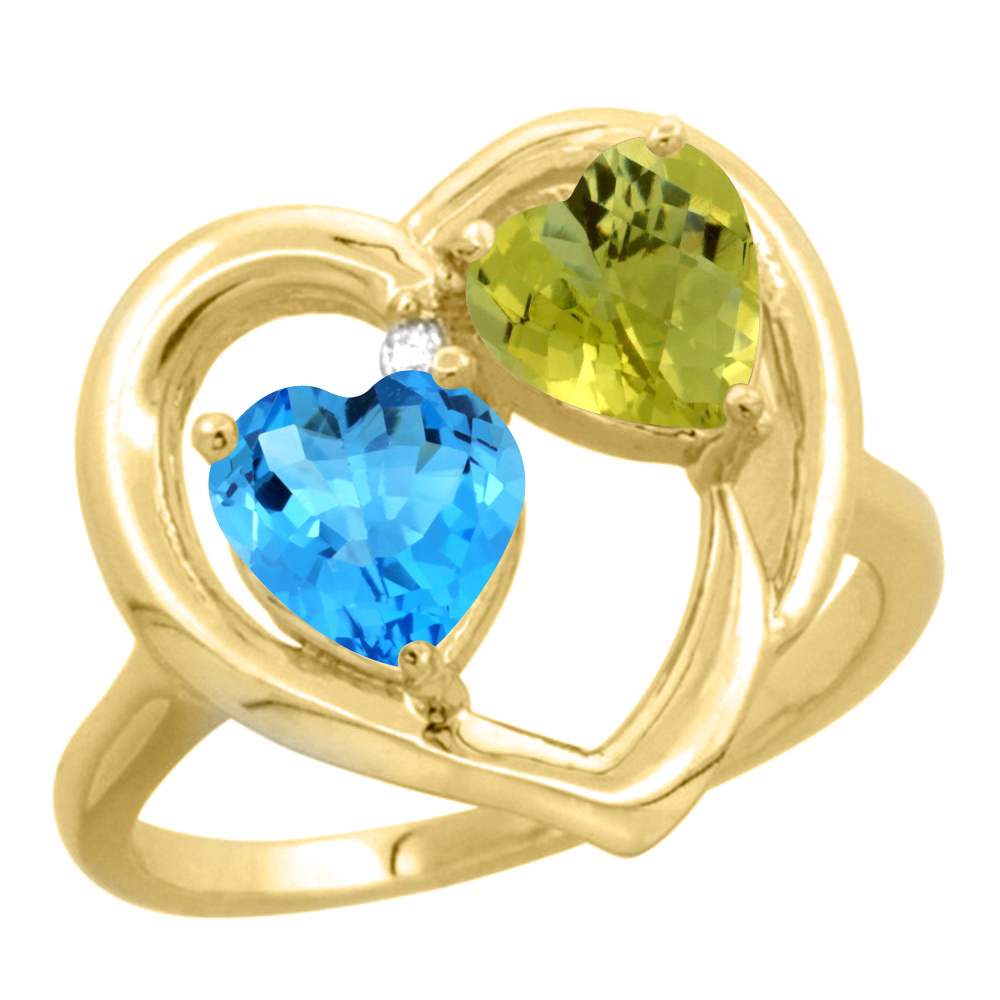 14K Yellow Gold Diamond Two-stone Heart Ring 6mm Natural Swiss Blue Topaz &amp; Lemon Quartz, sizes 5-10