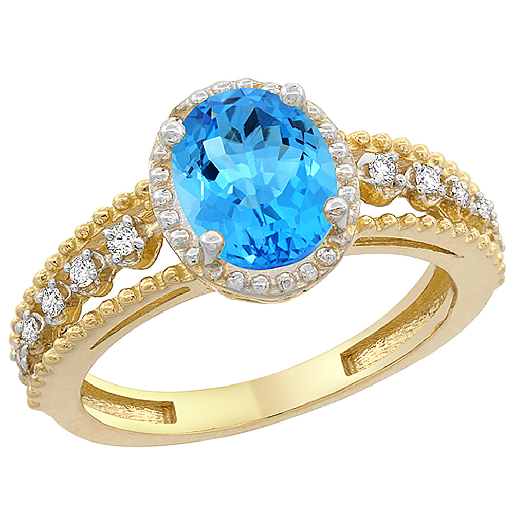 14K Yellow Gold Natural Swiss Blue Topaz Ring Oval 9x7 mm Floating Diamond Accents, sizes 5 - 10