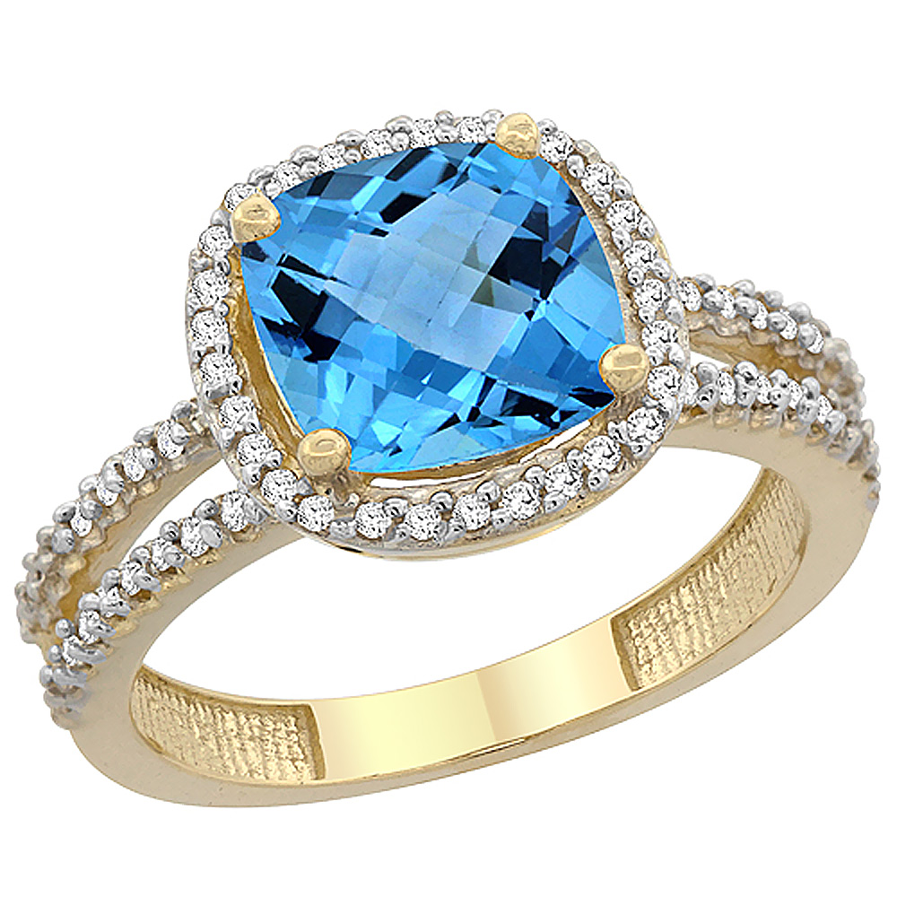 10K Yellow Gold Genuine Blue Topaz Ring Halo Cushion-cut 8x8 mm 2-row Diamond Accent sizes 5 - 10
