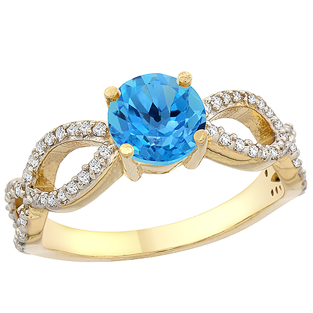 14K Yellow Gold Natural Swiss Blue Topaz Ring Round 6mm Infinity Diamond Accents, sizes 5 - 10