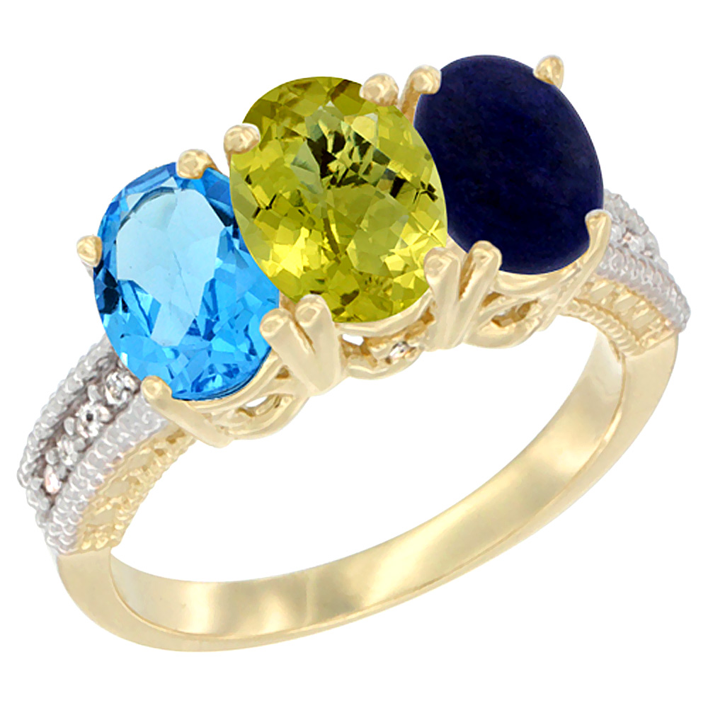 10K Yellow Gold Diamond Natural Swiss Blue Topaz, Lemon Quartz &amp; Lapis Ring 3-Stone Oval 7x5 mm, sizes 5 - 10